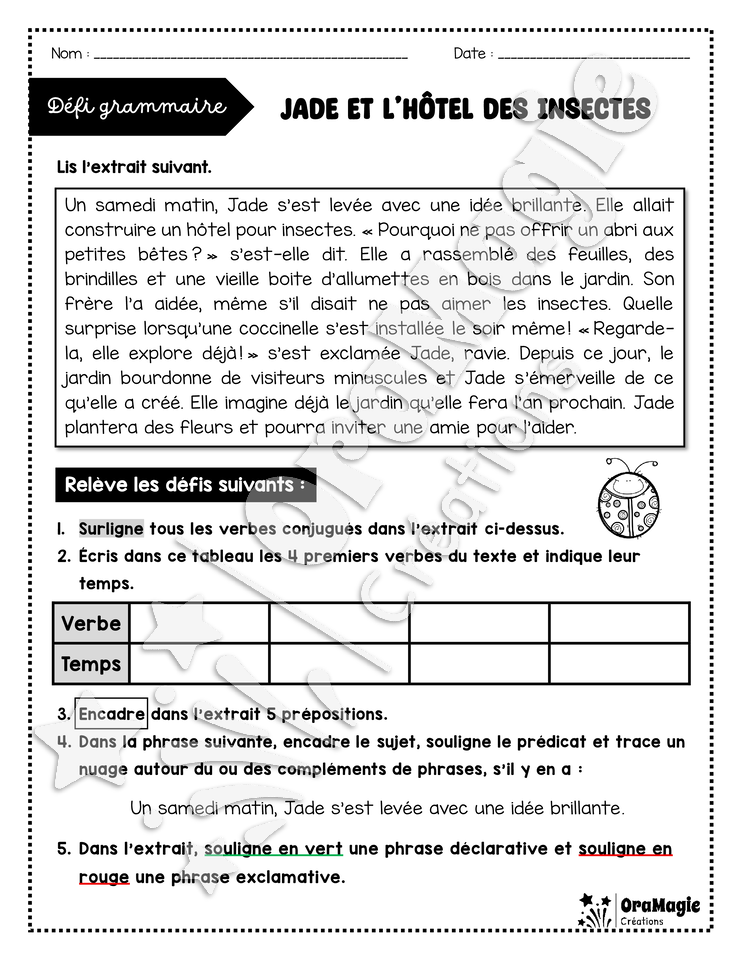 Défi grammaire - Jade et l'hôtel des insectes