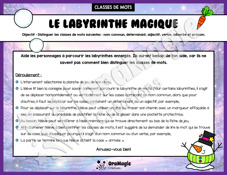 Le labyrinthe magique des classes de mots - Thème Hiver 