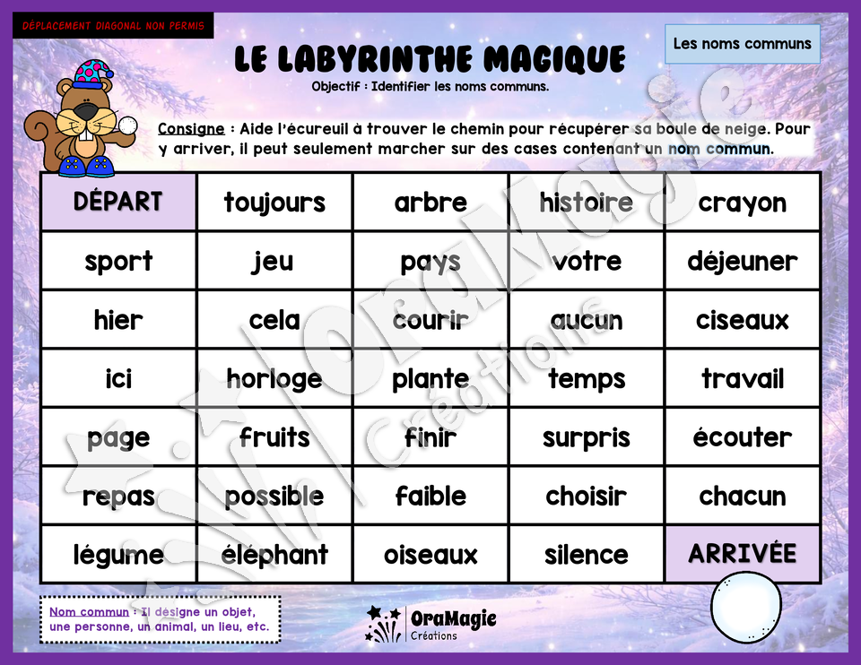 Le labyrinthe magique des classes de mots - Thème Hiver 