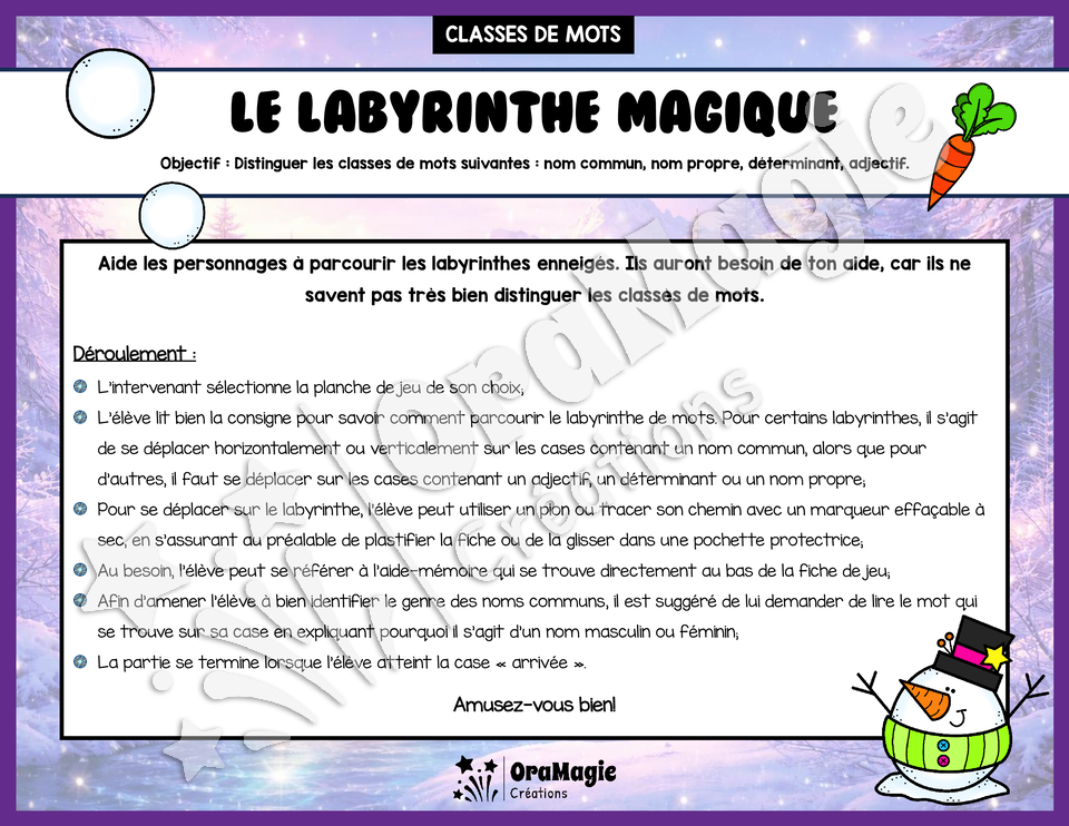 Le labyrinthe magique des classes de mots - Thème Hiver 